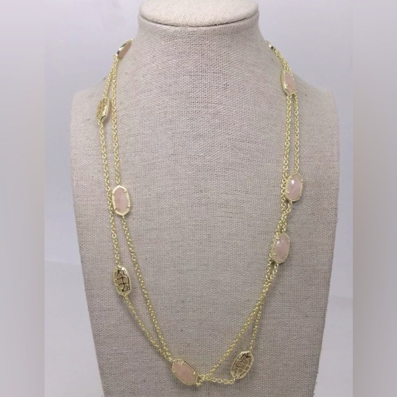 Kendra Scott Jewelry - EUC [Kendra Scott] Rose Quartz Goldtone Long Station Necklace, Pink Stones